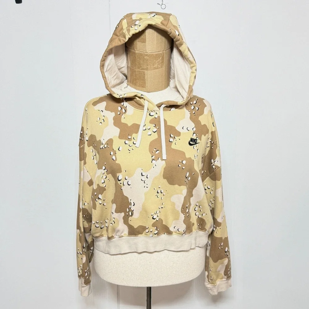 Nike Hoodie Womens XL Tan Club Fleece Cropped Camo Pullover Chocolate Chip